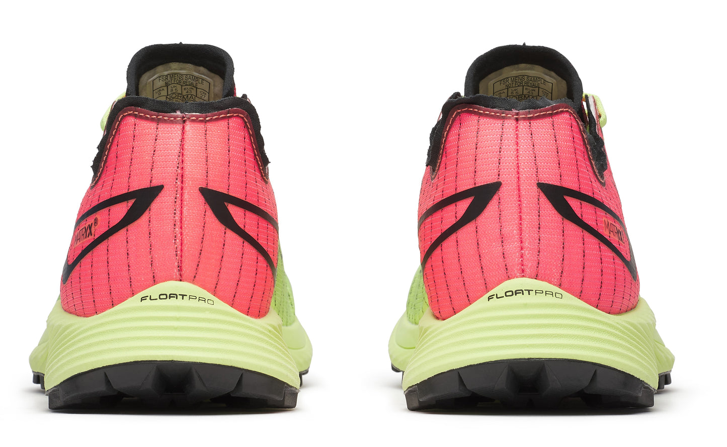 Back view of two shoes, neon green sole, red and black heel, text "FLOATPRO".