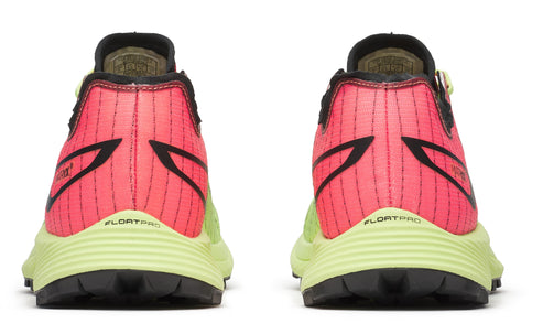Back view of two shoes, neon green sole, red and black heel, text "FLOATPRO".