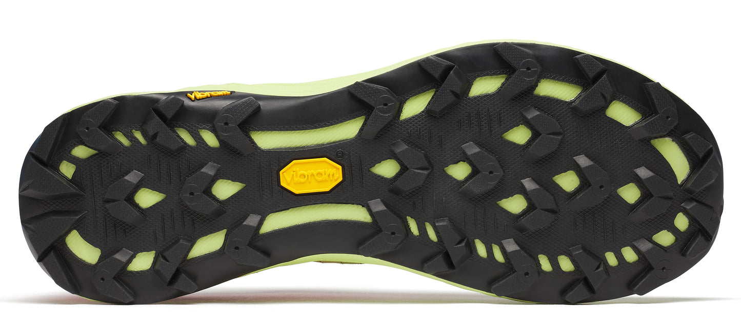 The sole of a hiking shoe shows an outsole with deep treads in black and the Vibram logo in yellow.
