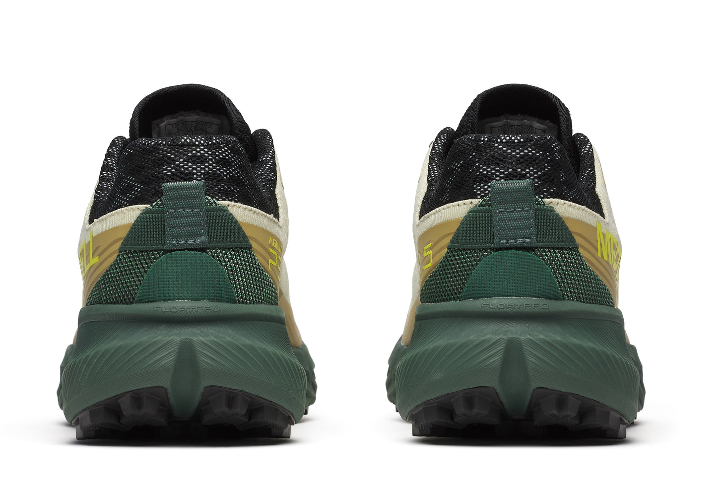 Back view of two athletic shoes with olive soles, green, gold, and black uppers.
