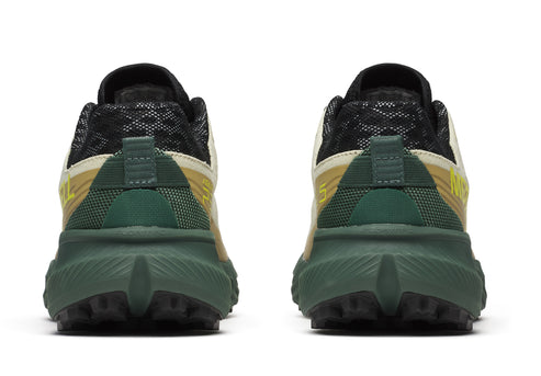 Back view of two athletic shoes with olive soles, green, gold, and black uppers.