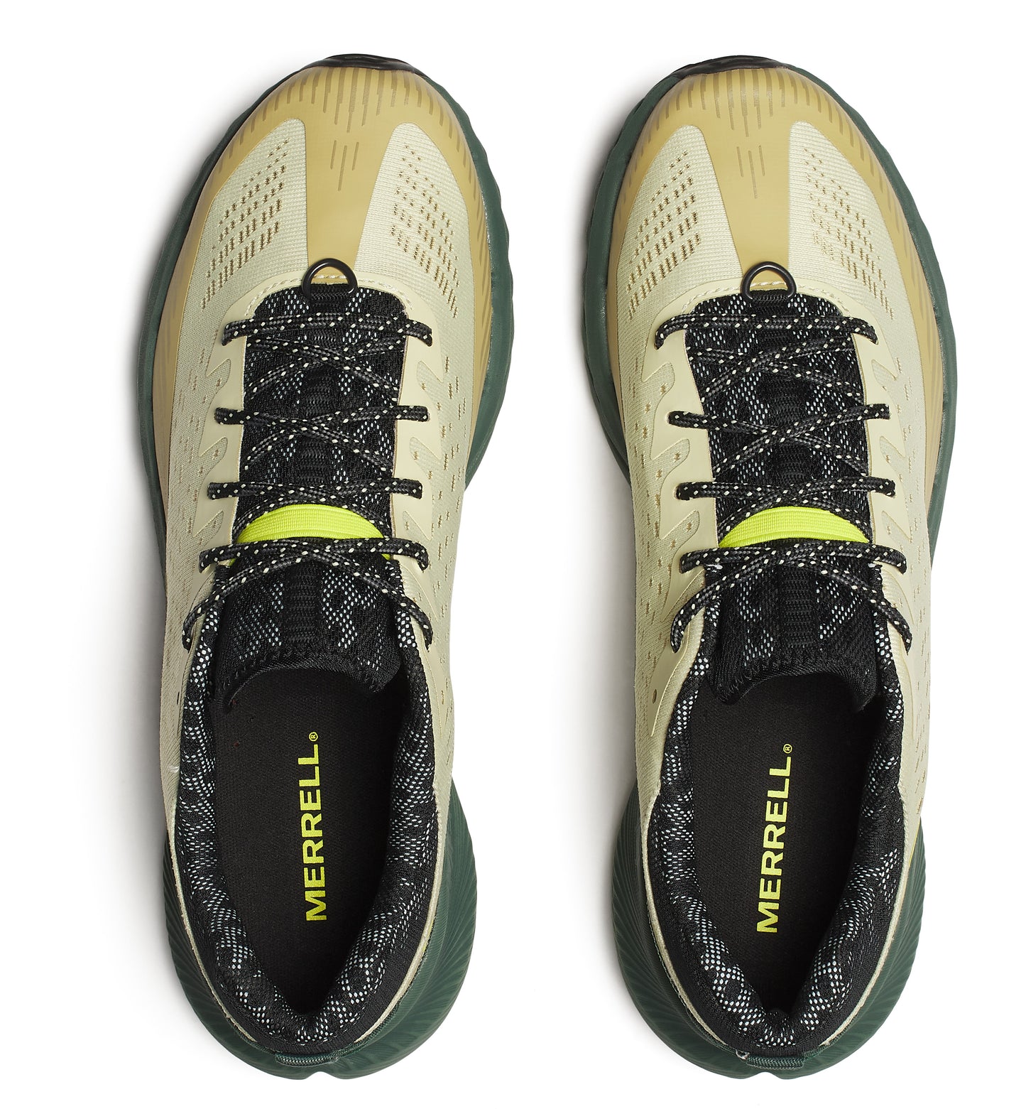 Overhead view of two off-white athletic shoes with black and white patterned laces; the insole shows 'MERRELL'.