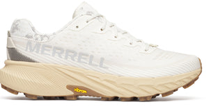 White athletic shoe with cream sole and "MERRELL" printed on the side.