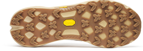 Bottom view of a shoe sole with a tan and brown color scheme and deep treads.