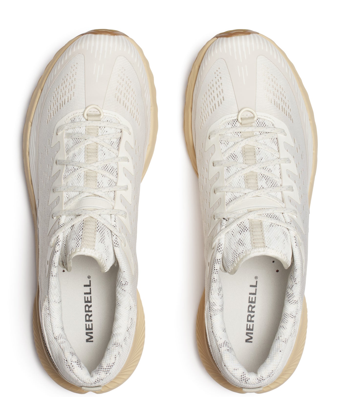 Overhead view of two white sneakers with white laces and light brown soles; "MERRELL" is printed on the inner sole.