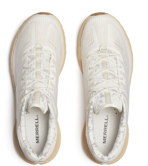 Overhead view of two white sneakers with white laces and light brown soles; "MERRELL" is printed on the inner sole.