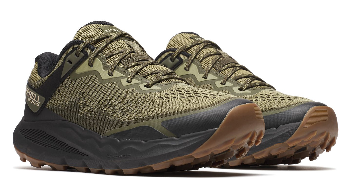 Pair of low-profile trail running shoes in olive green, black, and brown with lace closure.