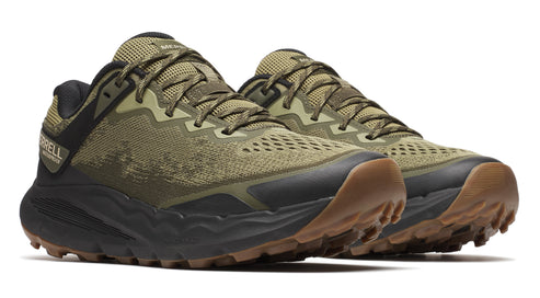 Pair of low-profile trail running shoes in olive green, black, and brown with lace closure.