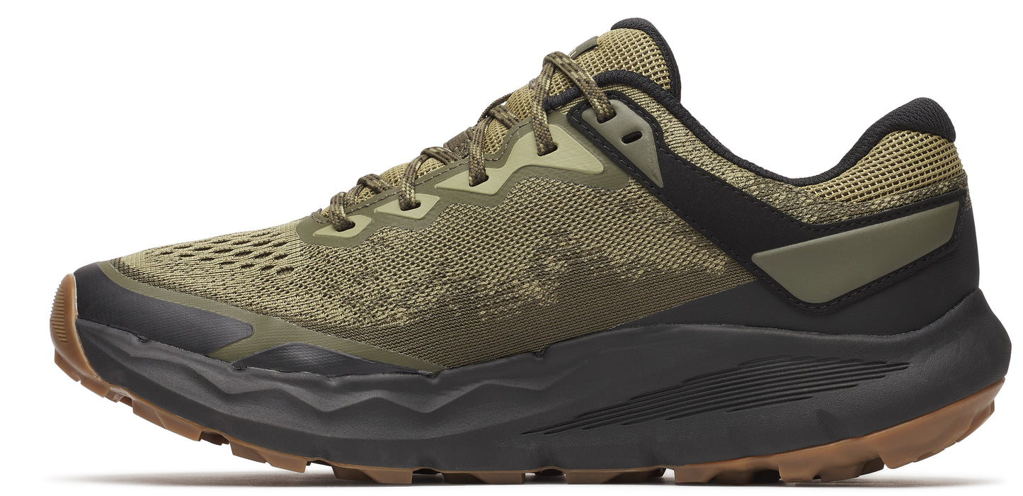 A green running shoe with a black midsole and a brown outsole.