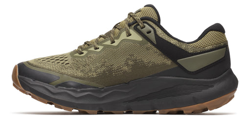 A green running shoe with a black midsole and a brown outsole.