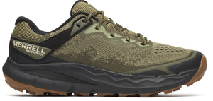 Olive green waterproof trail running shoe with a black midsole and brown outsole.