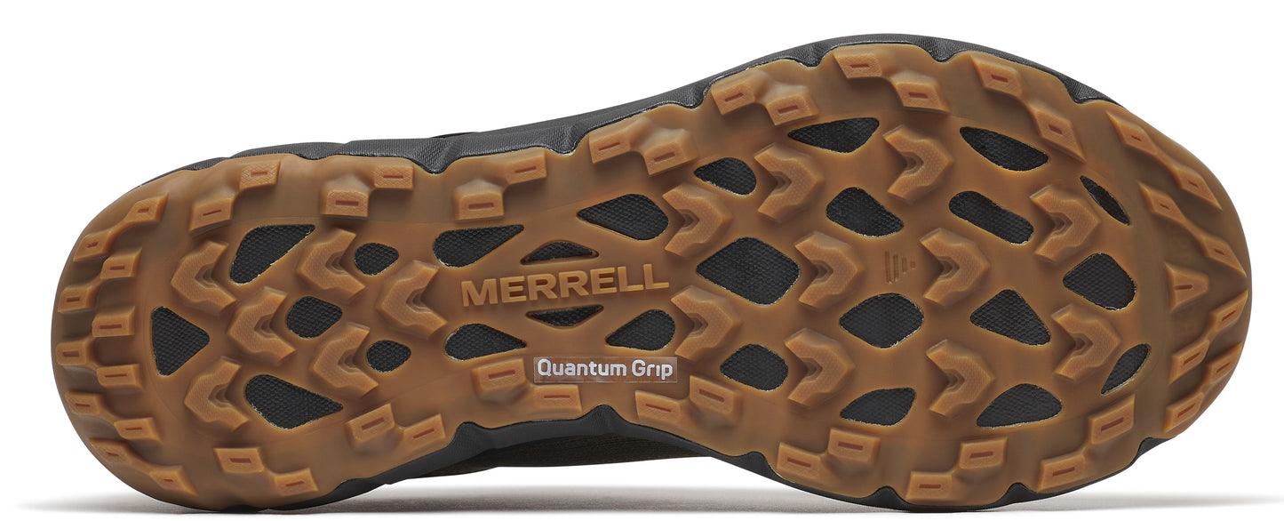 The sole of a shoe with a textured design and "MERRELL" and "Quantum Grip" in the middle.