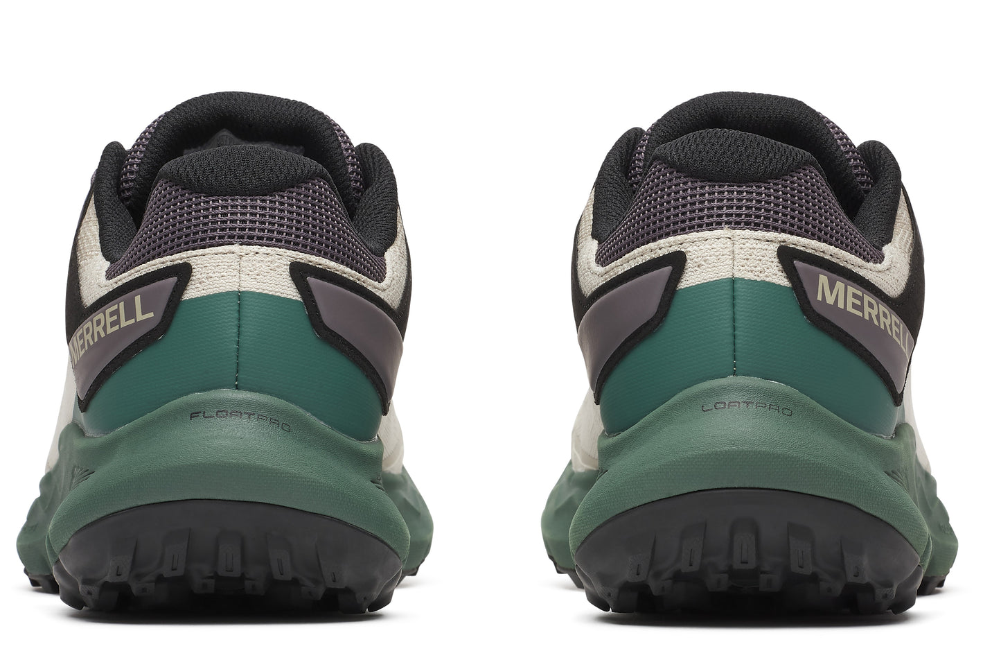 Back view of two trail running shoes with black and gray mesh uppers, beige suede overlays, green accents, and black soles with aggressive lugs, with brand name visible on the heels.