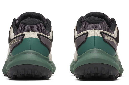 Back view of two trail running shoes with black and gray mesh uppers, beige suede overlays, green accents, and black soles with aggressive lugs, with brand name visible on the heels.