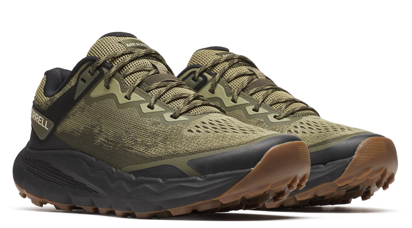 Pair of green and brown trail running shoes with black accents.