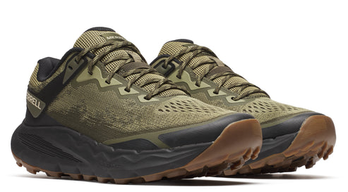 Pair of green and brown trail running shoes with black accents.