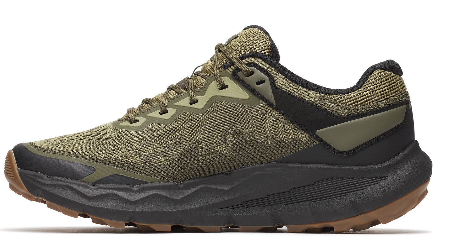 Side view of an olive green running shoe with a brown sole and a black heel.