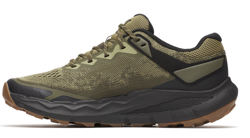 Side view of an olive green running shoe with a brown sole and a black heel.