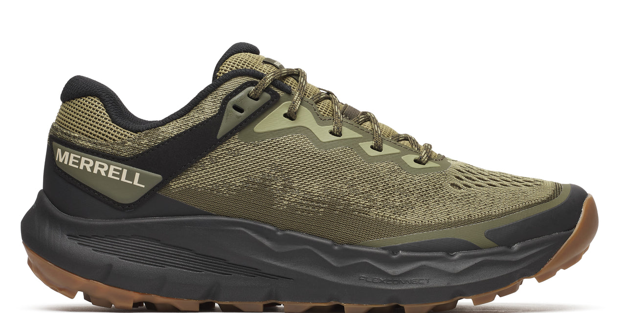 Olive green trail running shoe with black accents and 'MERRELL' on the side.