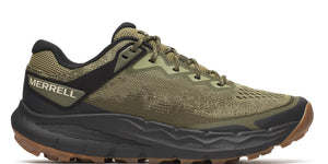 Olive green trail running shoe with black accents and 'MERRELL' on the side.