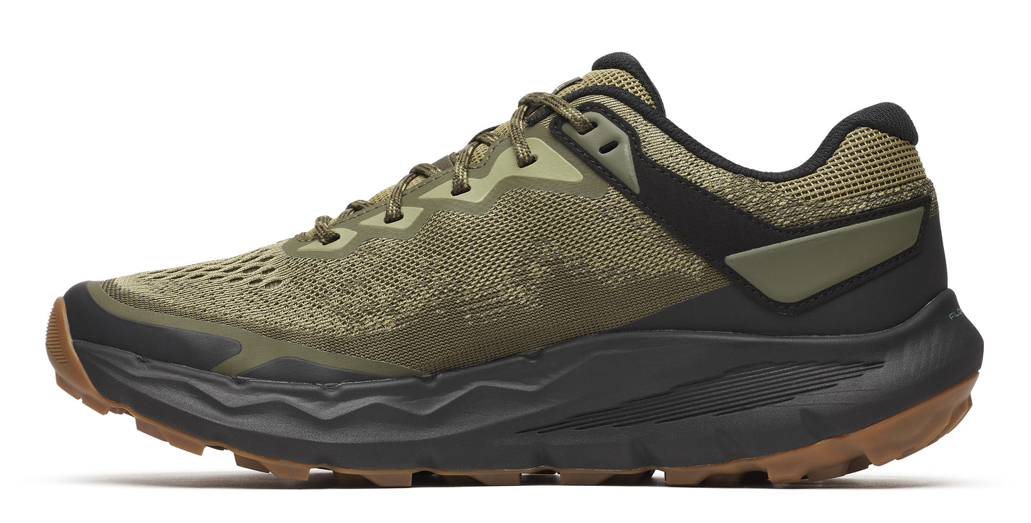 Olive green running shoe with black accents and thick dark sole.