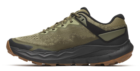 Olive green running shoe with black accents and thick dark sole.