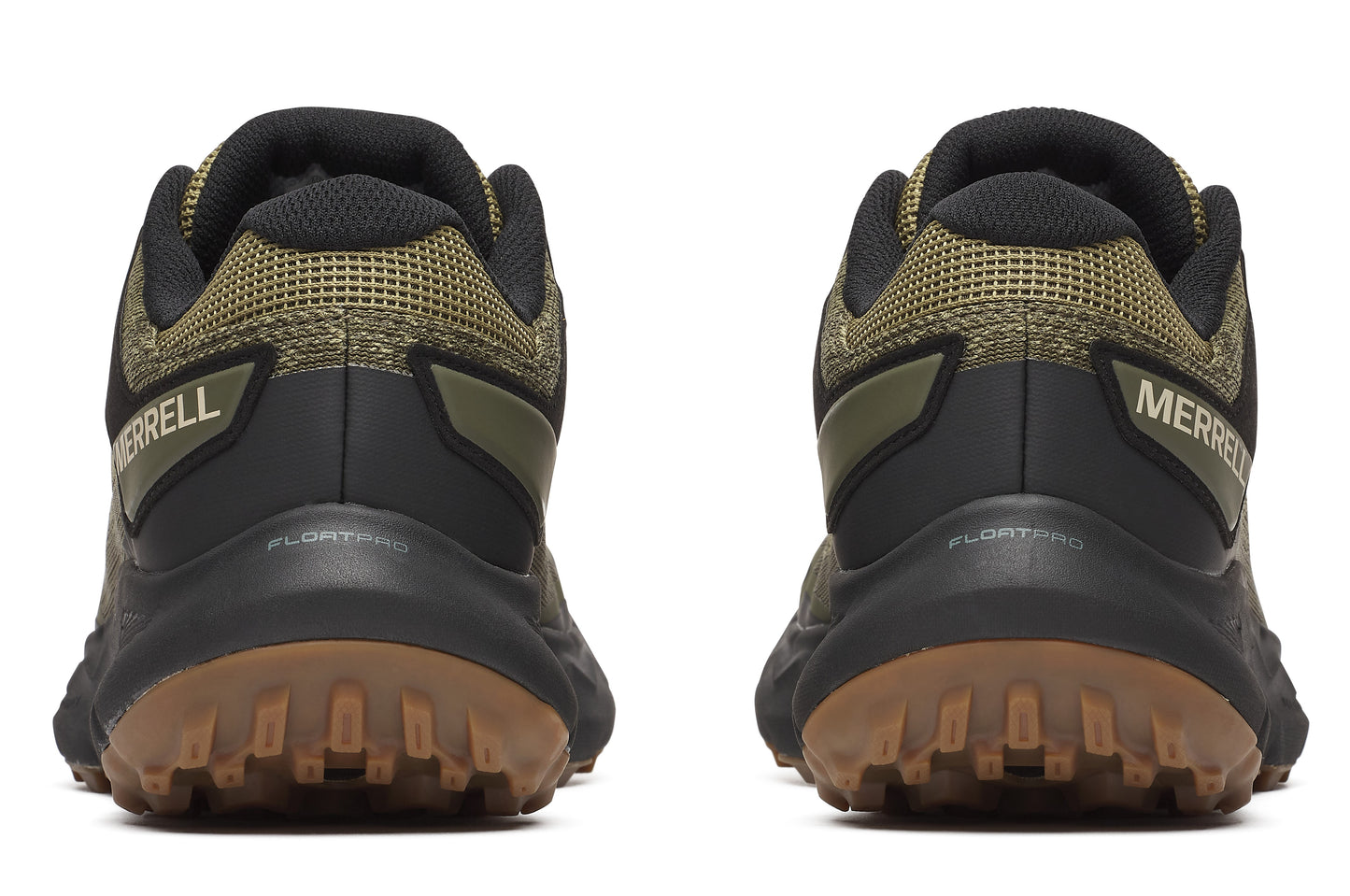 Pair of low-top hiking shoes in olive green and black, with brown lug soles and the word "MERRELL" in black lettering on the sides.