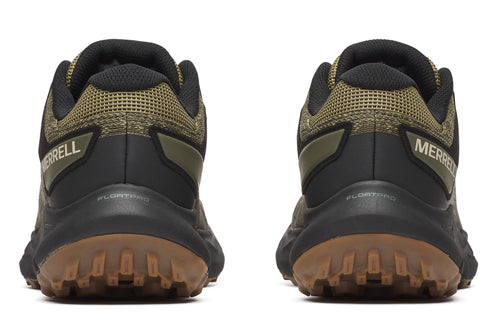 Pair of low-top hiking shoes in olive green and black, with brown lug soles and the word "MERRELL" in black lettering on the sides.