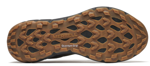 Shoe outsole with brown treads and the text "MERRELL Quantum Grip".