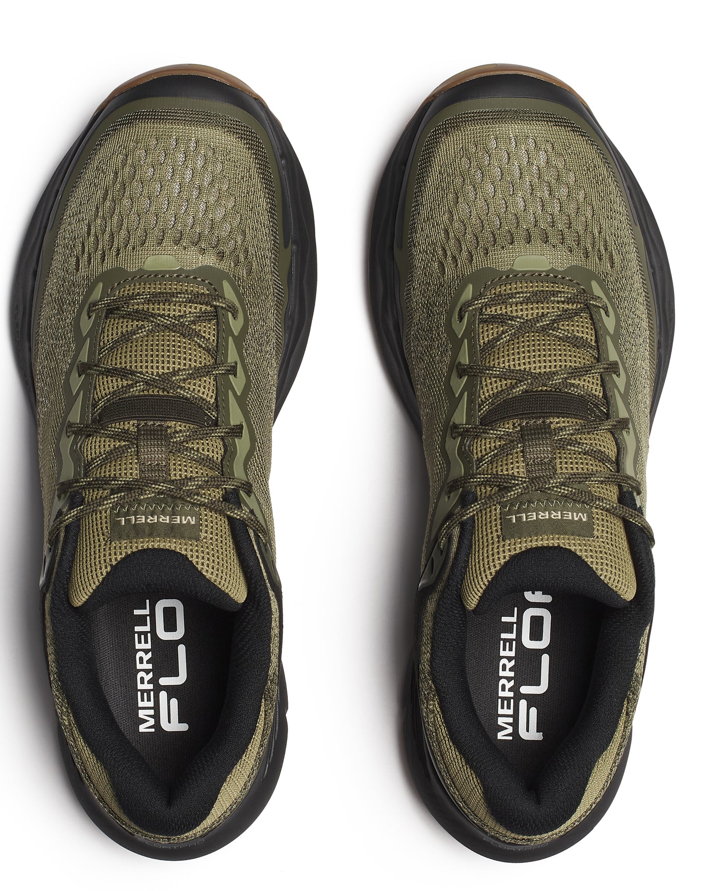 Overhead view of a pair of green sneakers with black soles.