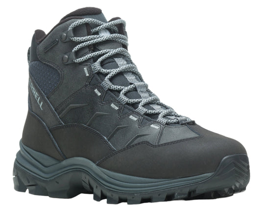 A black high top hiking boot with gray laces, thick black sole, and the word MERRELL on the side.