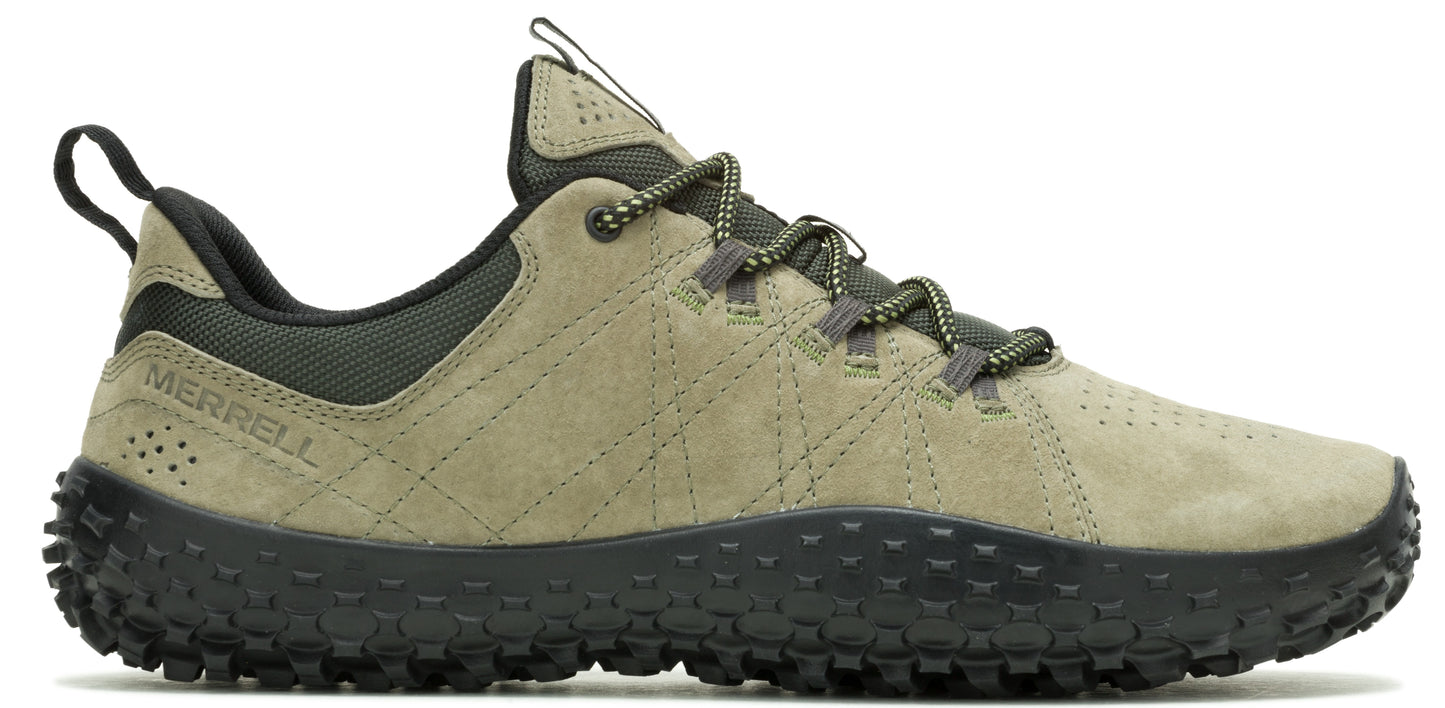 A low-top hiking shoe with a black jagged sole, green suede upper, and padded ankle support.