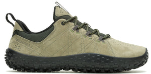 A low-top hiking shoe with a black jagged sole, green suede upper, and padded ankle support.