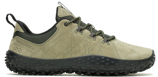 A low-top hiking shoe with a black jagged sole, green suede upper, and padded ankle support.