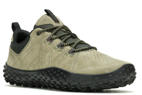 Olive colored shoe with black sole and laces.