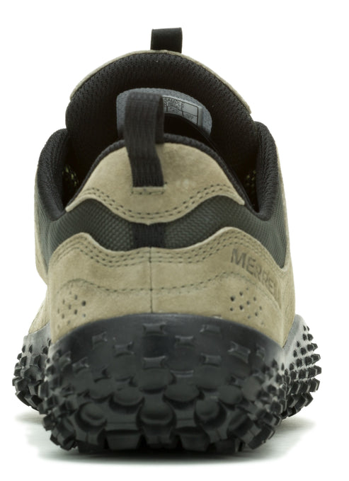 Back view of a low-rise shoe, olive-green upper with black sole and trim, sole with round tread bumps, pull-tab on the back.