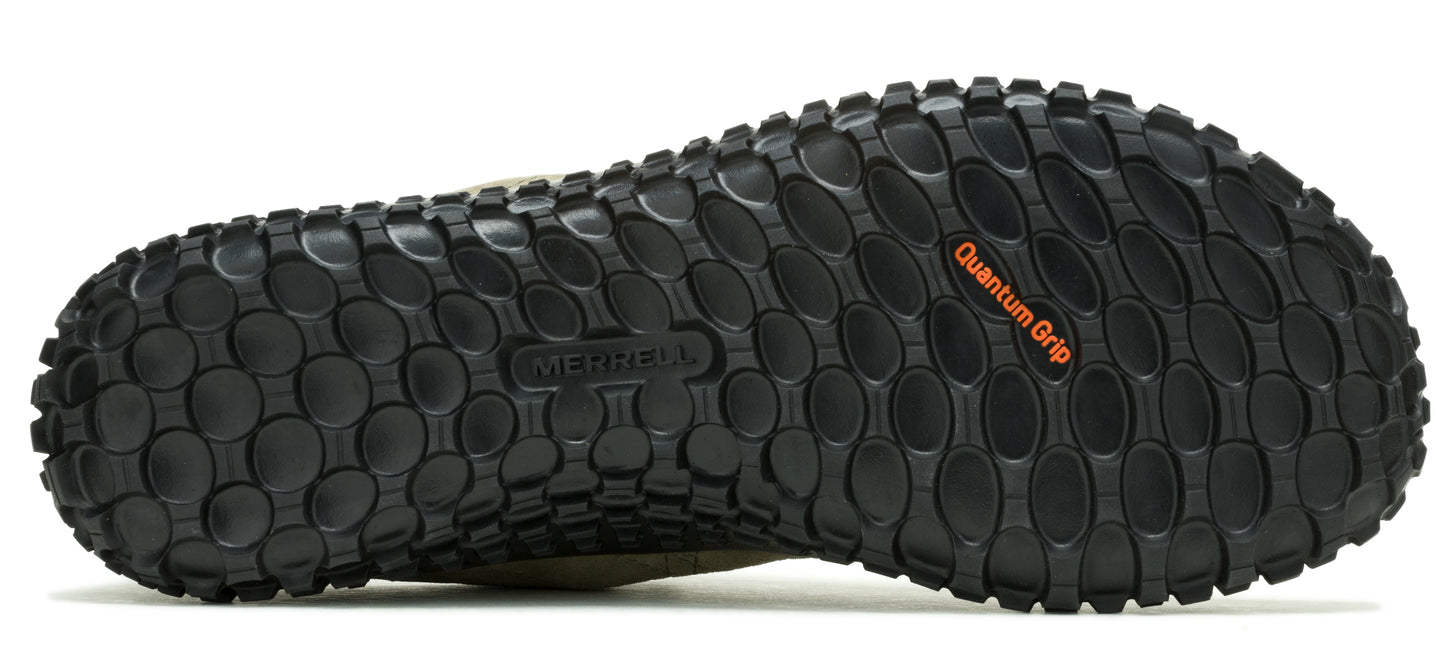 Close-up of a shoe sole displaying a pattern of textured black circles with 'Quantum Grip' printed in orange.