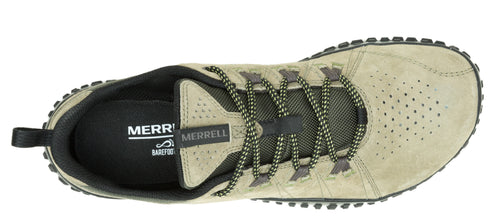 top-down view of a beige athletic shoe with bungee laces