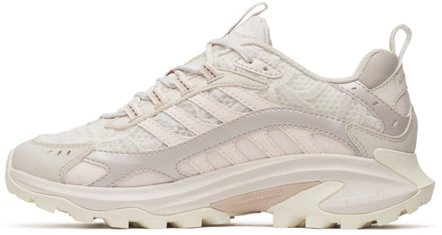 Beige athletic shoe with a layered upper, three stripes, and a sculpted outsole.