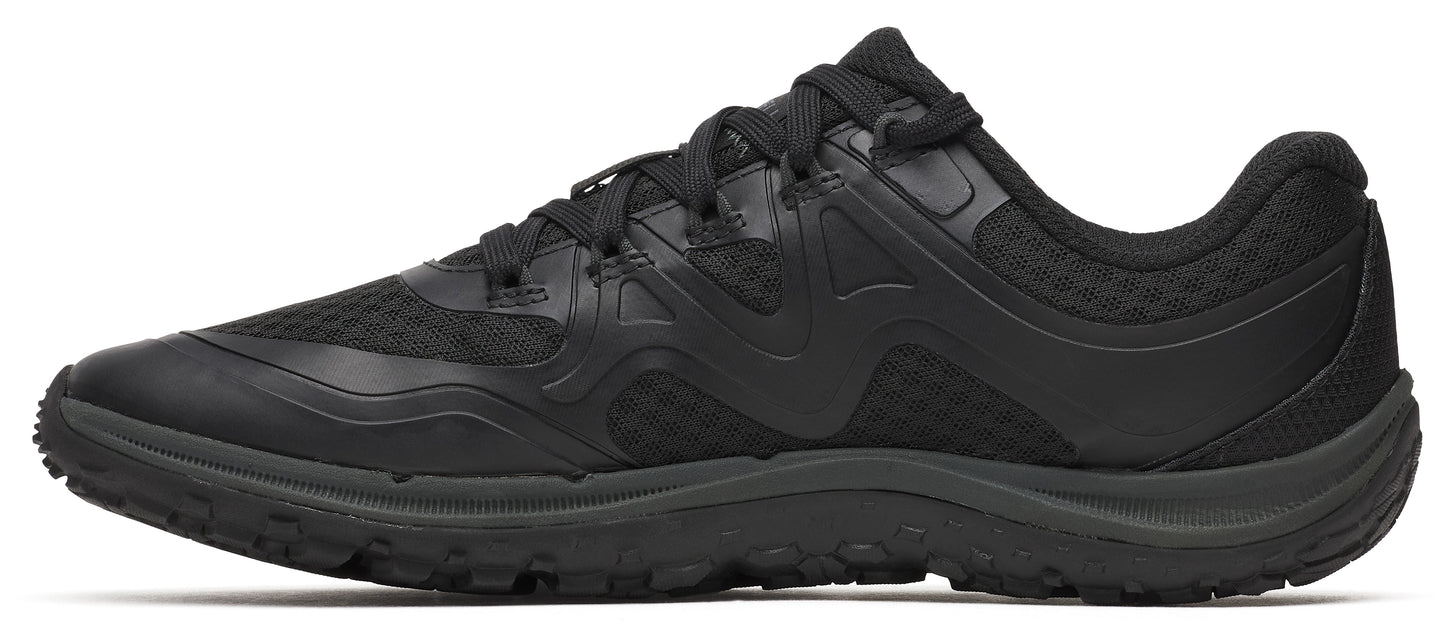 Black athletic shoe with laces and a textured sole.