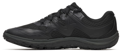 Black athletic shoe with laces and a textured sole.