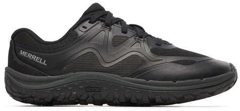 A black running shoe with the word MERRELL printed on the heel.