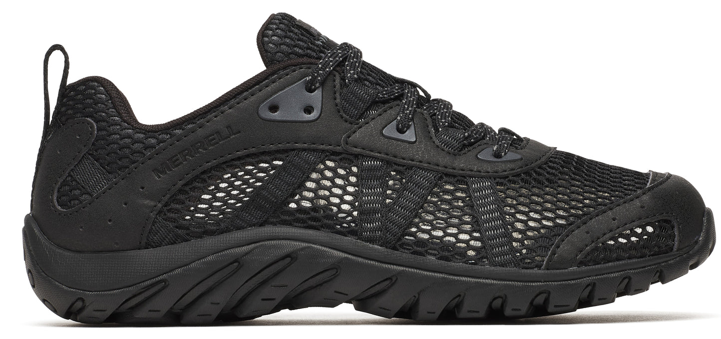 A black athletic shoe with a mesh upper and a lugged sole.