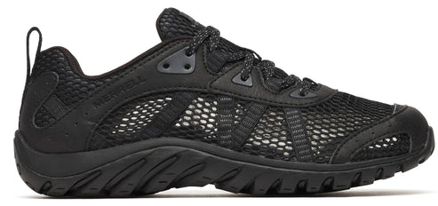 A black athletic shoe with a mesh upper and a lugged sole.