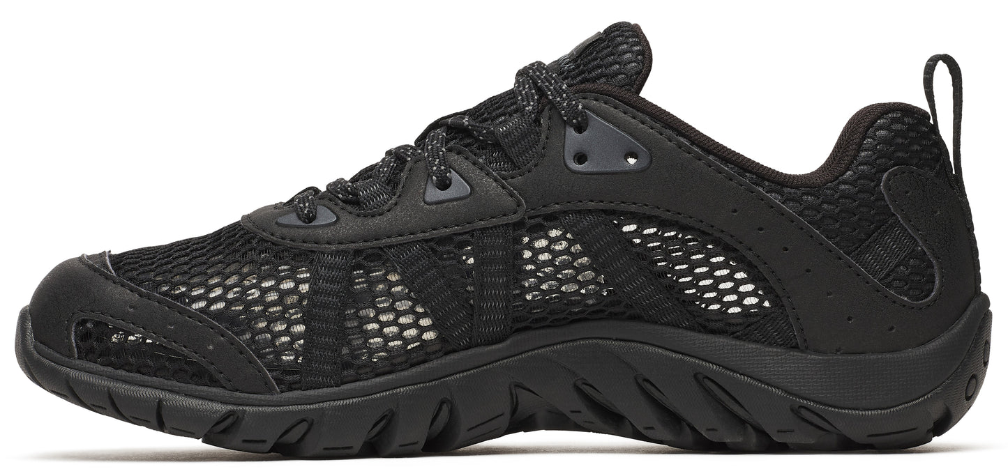Black breathable athletic shoe with laces and rugged sole.