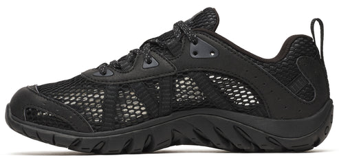 Black breathable athletic shoe with laces and rugged sole.