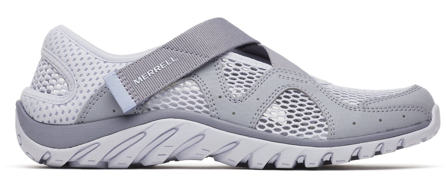 A grey athletic shoe with a meshed upper and a Velcro strap.