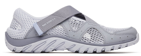 A grey athletic shoe with a meshed upper and a Velcro strap.