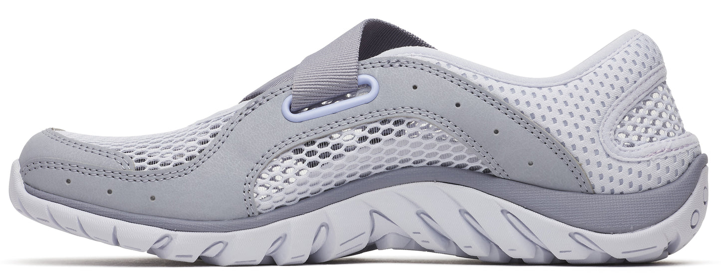 A slip-on style gray athletic shoe with a gray strap and a mesh upper.