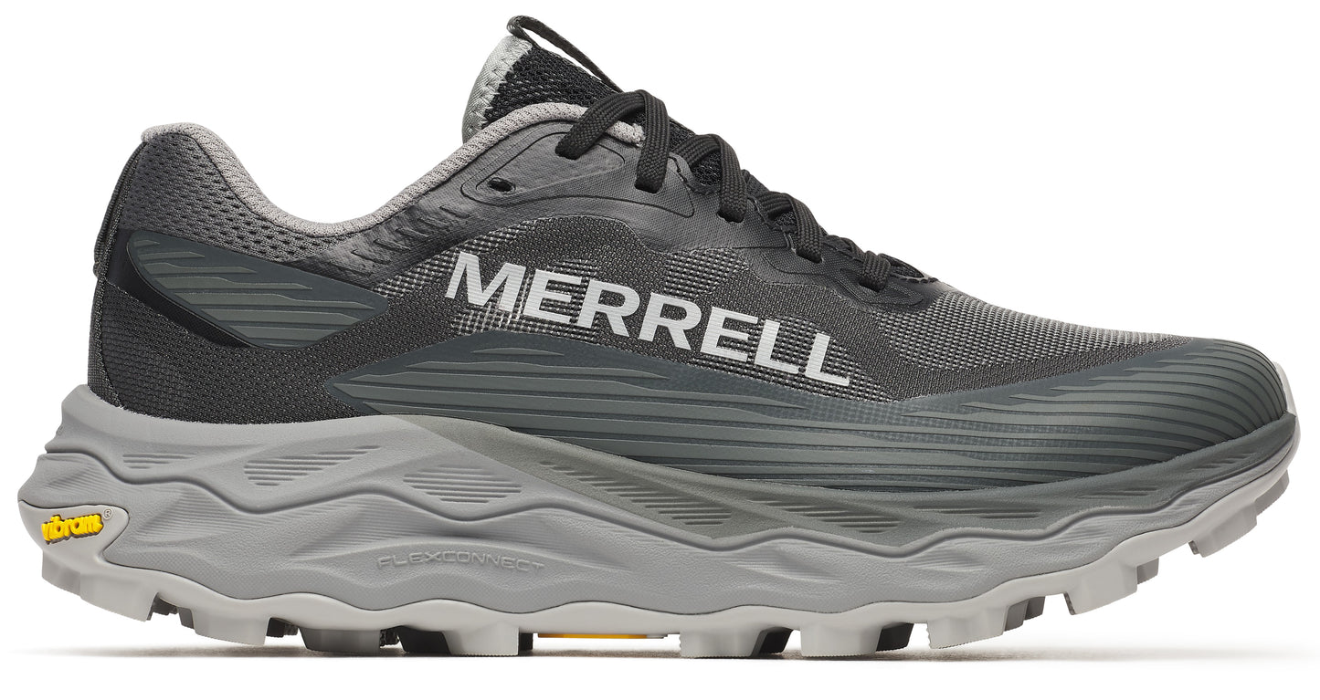 Gray trail running shoe with a layered midsole and "MERRELL" text on the side.
